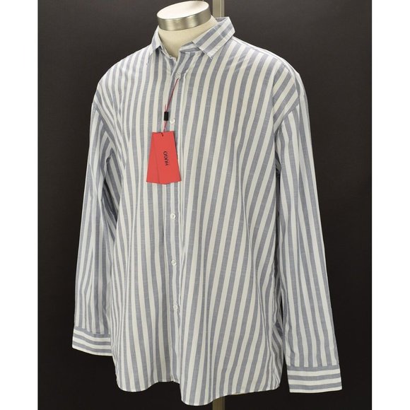 HUGO BOSS Mens Navy White Striped EMILTON Long Sleeve Cotton Shirt MEDIUM NWT